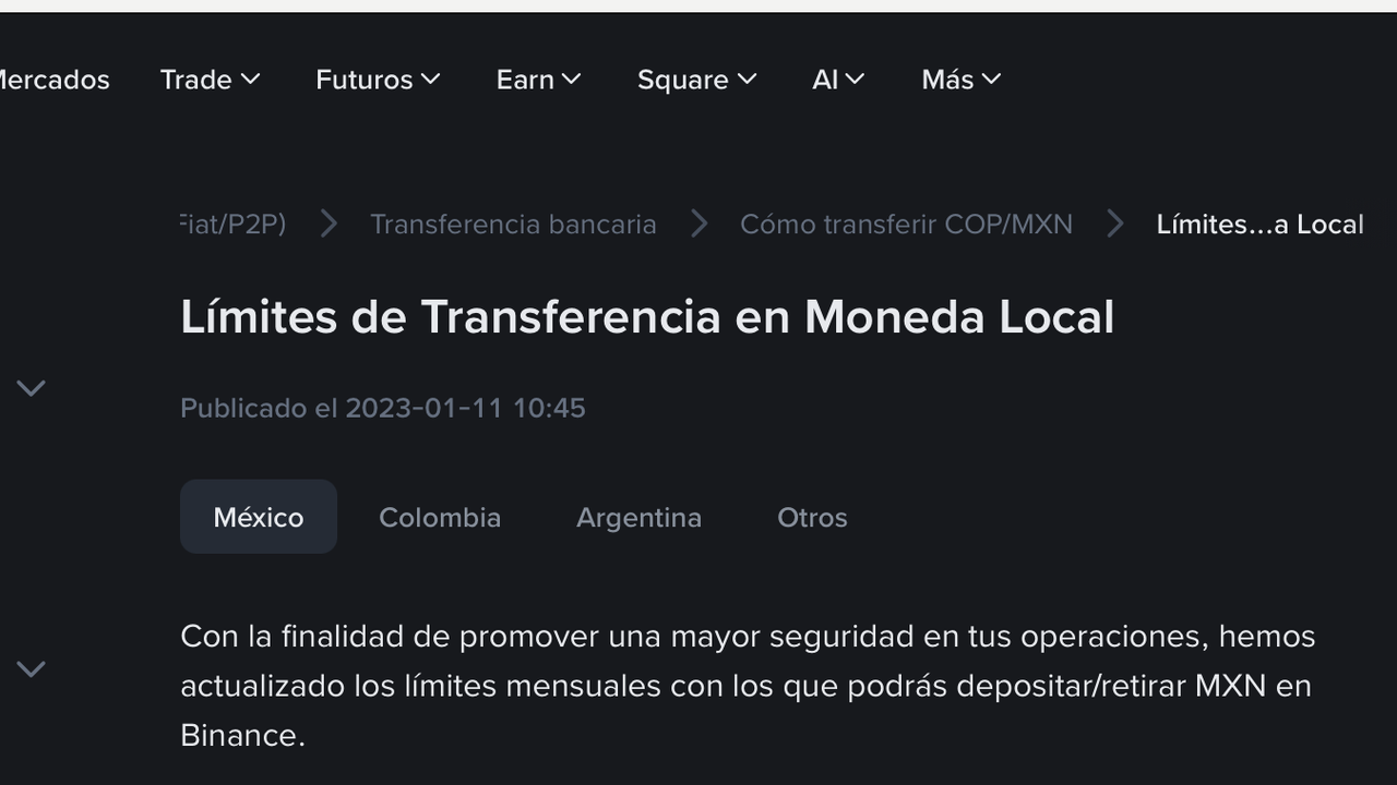 Página pública de Binance con información para depósitos y transferencias en México