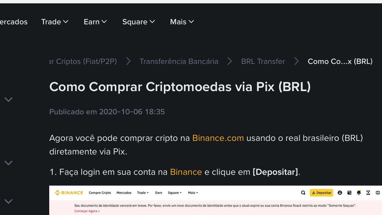 Página pública da Binance com orientações para depósito em reais